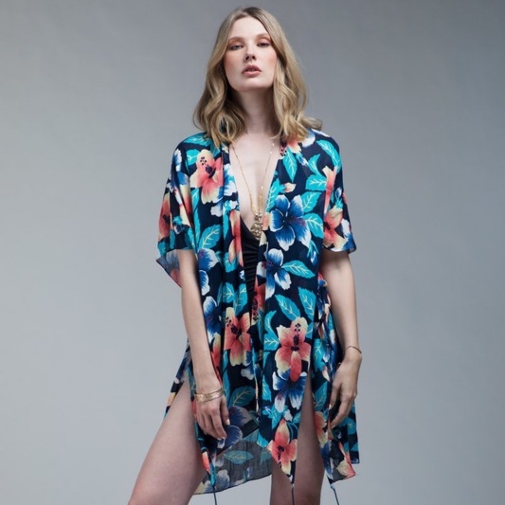 Women's Ruggine Hibiscus Floral Kimono Cover Up One Size Multicolor Navy